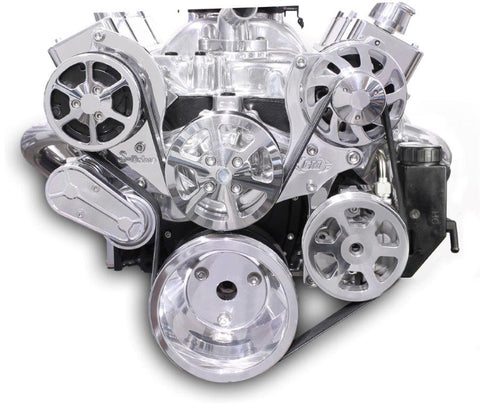 Pulley Kit,8 rib serpentine,Chevy Small Block,Aluminum,AC,Power Steering-Plastic Reservoir,170A,Clear coated