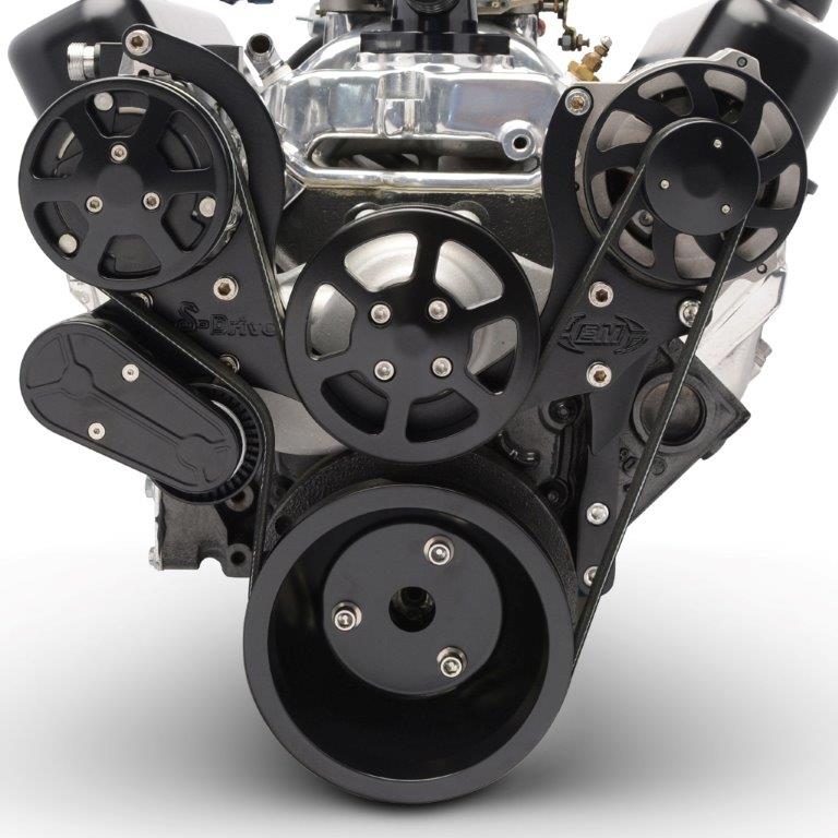 Pulley Kit,8 rib serpentine,Chevy Small Block,Aluminum,AC, No Power Steering,170A,Gloss black finish