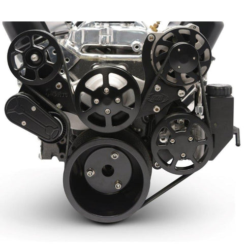 Pulley Kit,8 rib serpentine,Chevy Small Block,Aluminum,No AC,Power Steering with reservoir,170A,Black anodize