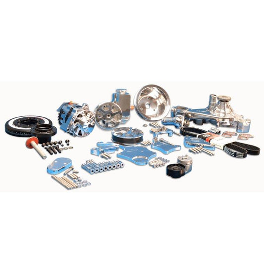 Pulley Kit,8 rib serpentine,Chevy LS,Aluminum,No AC,Power Steering-Aluminum Reservoir,170A,Clear coated