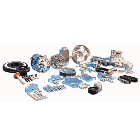 Pulley Kit,8 rib serpentine,Chevy LS,Aluminum,No AC,Power Steering-Aluminum Reservoir,170A, Polished