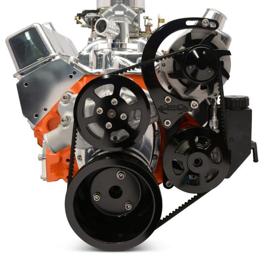 Pulley Kit,V-belt,Chevy SmallBlock,Aluminum,NO AC,PowerSteering w/Plastic Reservoir,170amp,Gloss Black Anodize