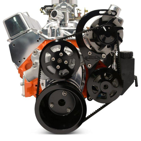 Pulley Kit,V-belt,Chevy Big Block,Aluminum,NO AC,PowerSteering w/Plastic Reservoir,170amp,Gloss Black Finish