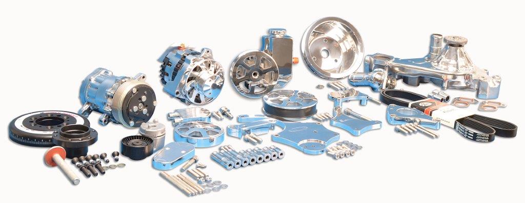 Pulley Kit,8 rib serpentine,Chevy LS ,Aluminum,AC,Power steering-Aluminum Reservoir,170A,Clear coated