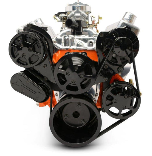 Pulley Kit,8 rib serpentine,Chevy Small Block,Aluminum,AC,Power Steering-No Reservoir,170A,Gloss black anodize