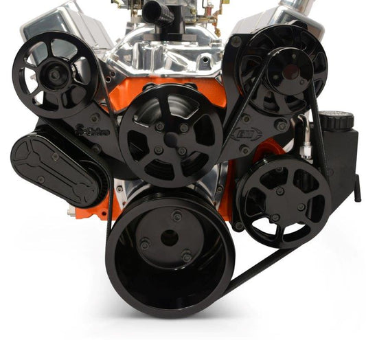 Pulley Kit,8 rib serpentine,Chevy Small Block,Aluminum,No AC,Power Steering with reservoir,170A,Black anodize