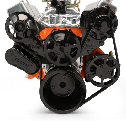 Pulley Kit,8 rib serpentine,Chevy Small Block,Aluminum,No AC,Power Steering-No Reservoir,170A alt,Gloss black