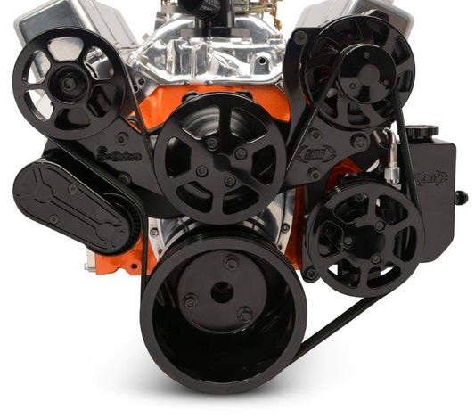 Pulley Kit,8 rib serpentine,Chevy Big Block,Aluminum,No AC,Power steering-Aluminum Reservoir,170A,Gloss black