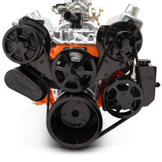 Pulley Kit,serpentine,Chevy Small Block,Aluminum,AC,Power Steering-Aluminum Reservoir,170A alt,Gloss black