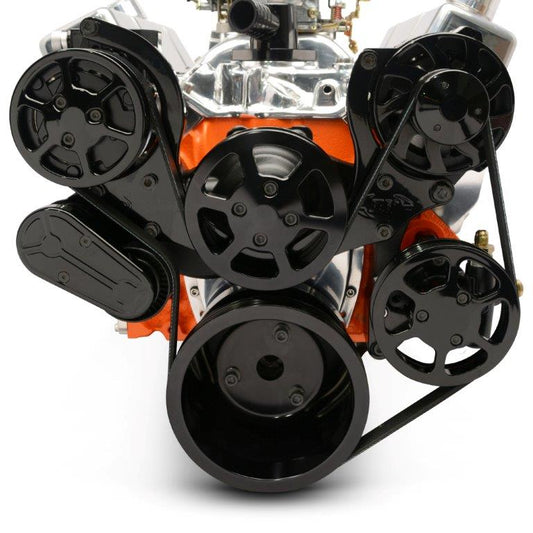 Pulley Kit,serpentine,Chevy Small Block,Aluminum,AC,Power Steering-No Reservoir,170A alt,Gloss black anodize