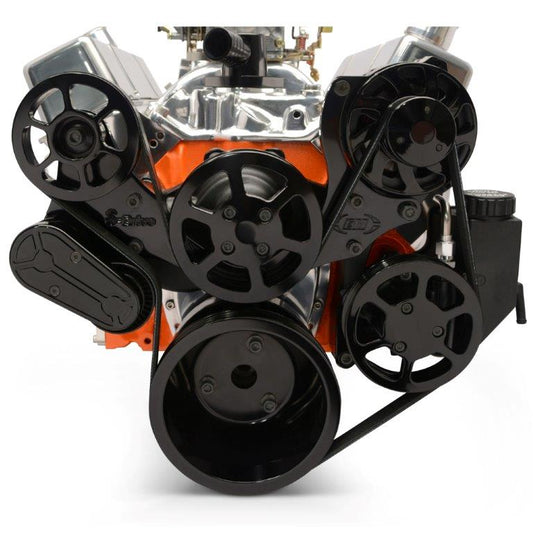 Pulley Kit,serpentine,Chevy Small Block,Aluminum,No AC,Power Steering with reservoir,170A alt,Black anodize