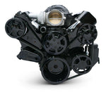 Pulley Kit,serpentine,Chevy LS ,Aluminum,AC,Power steering-Plastic reservoir,170A alternator,Gloss black