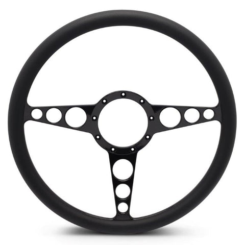 Steering Wheel,Racer style,Aluminum,15 1/2,Half-wrap,Made in the USA,Gloss black anodized spokes,Black grip