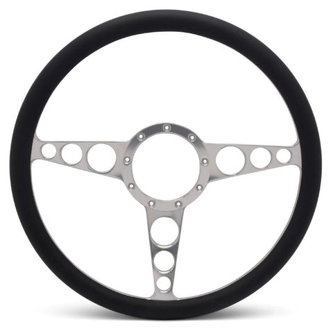 Steering Wheel,Racer style,Aluminum,15 1/2,Half-wrap,Made in the USA,Clear anodized spokes,Black grip