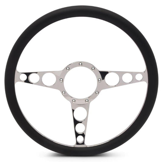 Steering Wheel,Racer style,Aluminum,15 1/2,Half-wrap,Made in the USA,Chrome spokes,Black grip