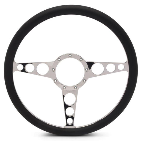 Steering Wheel,Racer style,Aluminum,15 1/2,Half-wrap,Made in the USA,Chrome spokes,Black grip