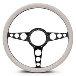 Steering Wheel,Racer style,Aluminum,15 1/2,Half-wrap,Made in the USA,Gloss black anodized spokes,White grip