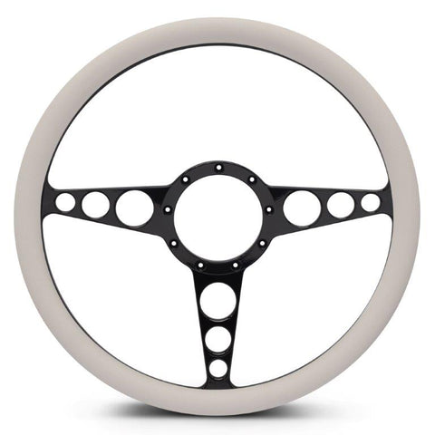 Steering Wheel,Racer style,Aluminum,15 1/2,Half-wrap,Made in the USA,Gloss black Fusioncoat spokes,White grip