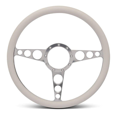 Steering Wheel,Racer style,Aluminum,15 1/2,Half-wrap,Made in the USA,Clear anodized spokes,White grip