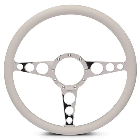 Steering Wheel,Racer style,Aluminum,15 1/2,Half-wrap,Made in the USA,Chrome spokes,White grip