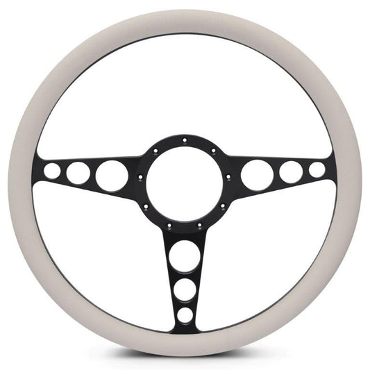 Steering Wheel,Racer style,Aluminum,15 1/2,Half-wrap,Made in the USA,Matte black Fusioncoat spokes,White grip