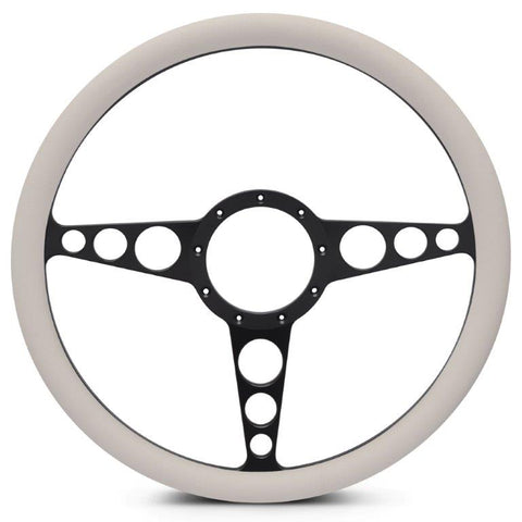 Steering Wheel,Racer style,Aluminum,15 1/2,Half-wrap,Made in the USA,Matte black Fusioncoat spokes,White grip