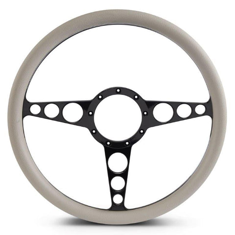 Steering Wheel,Racer style,Aluminum,15 1/2,Half-wrap,Made in the USA,Gloss black anodized spokes,Grey grip