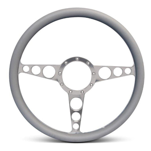 Steering Wheel,Racer style,Aluminum,15 1/2,Half-wrap,Made in the USA,Clear anodized spokes,Grey grip