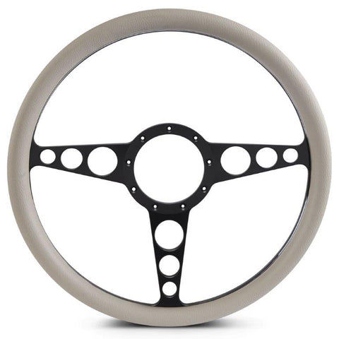 Steering Wheel,Racer style,Aluminum,15 1/2,Half-wrap,Made in the USA,Matte black Fusioncoat spokes,Grey grip