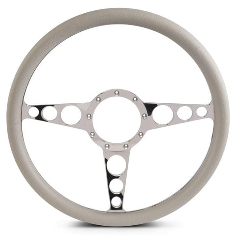 Steering Wheel,Racer style,Aluminum,15 1/2,Half-wrap,Made in the USA,Bright polished spokes,Grey grip