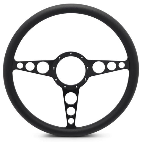 Steering Wheel,Racer style,Aluminum,15 1/2,Half-wrap,Made in the USA,Matte black Fusioncoat spokes,Black grip
