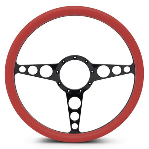 Steering Wheel,Racer style,Aluminum,15 1/2,Half-wrap,Made in the USA,Gloss black anodized spokes,Red grip
