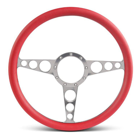 Steering Wheel,Racer style,Aluminum,15 1/2,Half-wrap,Made in the USA,Clear anodized spokes,Red grip
