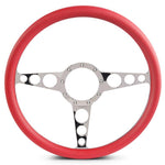 Steering Wheel,Racer style,Aluminum,15 1/2,Half-wrap,Made in the USA,Chrome spokes,Red grip