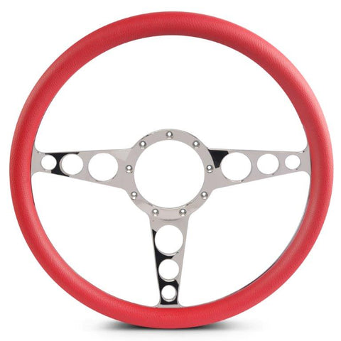 Steering Wheel,Racer style,Aluminum,15 1/2,Half-wrap,Made in the USA,Chrome spokes,Red grip