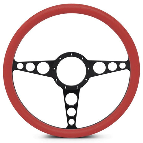 Steering Wheel,Racer style,Aluminum,15 1/2,Half-wrap,Made in the USA,Matte black Fusioncoat spokes,Red grip