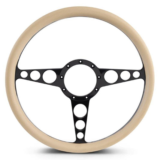 Steering Wheel,Racer style,Aluminum,15 1/2,Half-wrap,Made in the USA,Gloss black anodized spokes,Tan grip