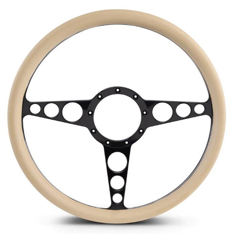 Steering Wheel,Racer style,Aluminum,15 1/2,Half-wrap,Made in the USA,Gloss black anodized spokes,Tan grip