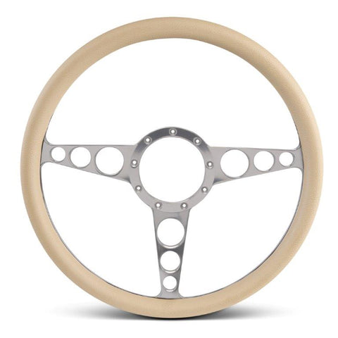 Steering Wheel,Racer style,Aluminum,15 1/2,Half-wrap,Made in the USA,Clear anodized spokes,Tan grip