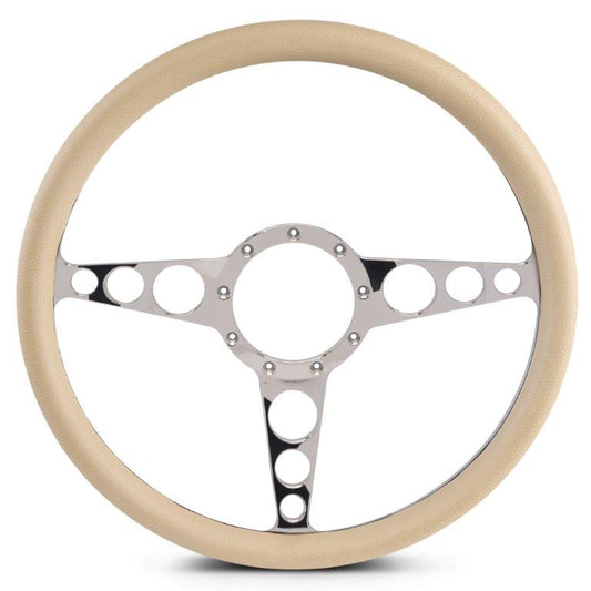 Steering Wheel,Racer style,Aluminum,15 1/2,Half-wrap,Made in the USA,Chrome spokes,Tan grip