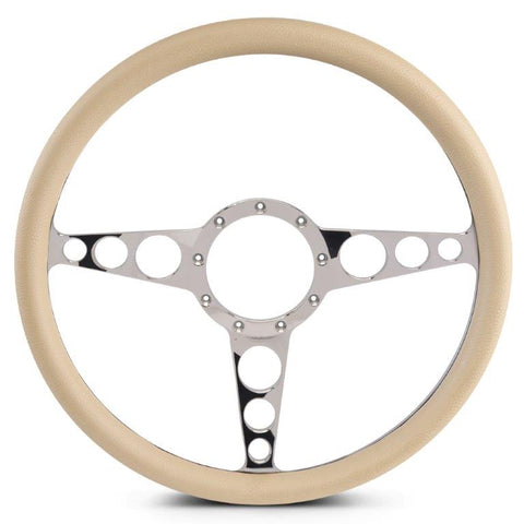 Steering Wheel,Racer style,Aluminum,15 1/2,Half-wrap,Made in the USA,Chrome spokes,Tan grip