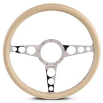 Steering Wheel,Racer style,Aluminum,15 1/2,Half-wrap,Made in the USA,bright clear coat spokes,Tan grip
