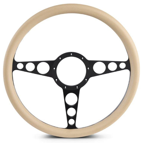 Steering Wheel,Racer style,Aluminum,15 1/2,Half-wrap,Made in the USA,Matte black Fusioncoat spokes,Tan grip