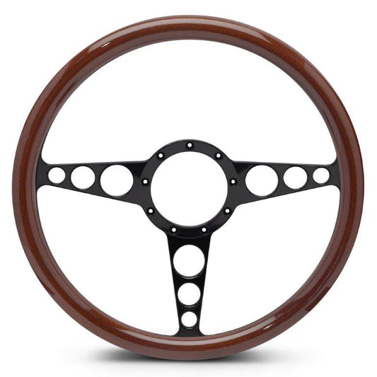 Steering Wheel,Racer style,Aluminum,15 1/2",Half-wrap,Made In USA,Gloss black anodize spokes,Wood grip