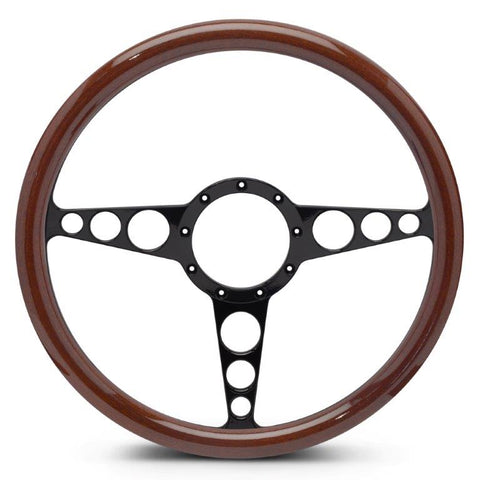 Steering Wheel,Racer style,Aluminum,15 1/2",Half-wrap,Made In USA,Gloss black anodize spokes,Wood grip