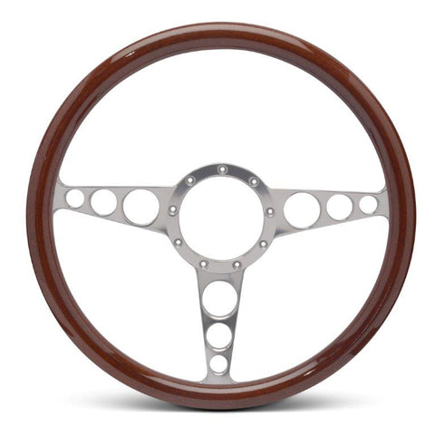 Steering Wheel,Racer style,Aluminum,15 1/2",Half-wrap,Made In USA,Clear anodize spokes,Wood grip