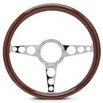 Steering Wheel,Racer style,Aluminum,15 1/2",Half-wrap,Made In USA,Chrome plated spokes,Wood grip
