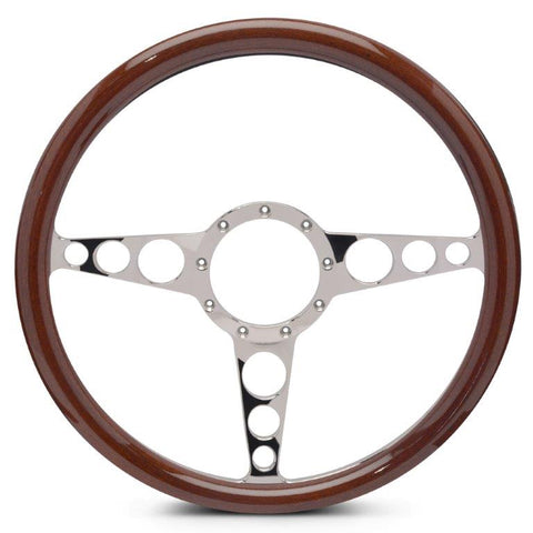 Steering Wheel,Racer style,Aluminum,15 1/2",Half-wrap,Made In USA,Chrome plated spokes,Wood grip