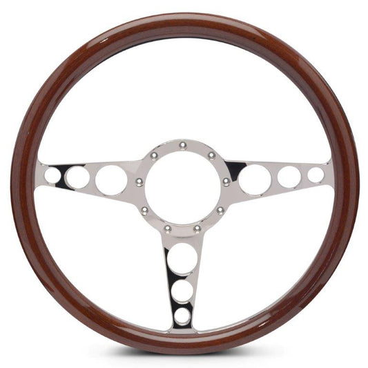 Steering Wheel,Racer style,Aluminum,15 1/2",Half-wrap,Made In USA,Bright clear coat spokes,Wood grip