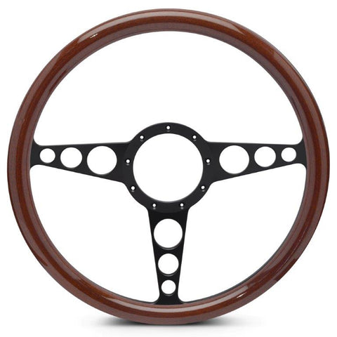 Steering Wheel,Racer style,Aluminum,15 1/2",Half-wrap,Made In USA,Matte black spokes,Wood grip
